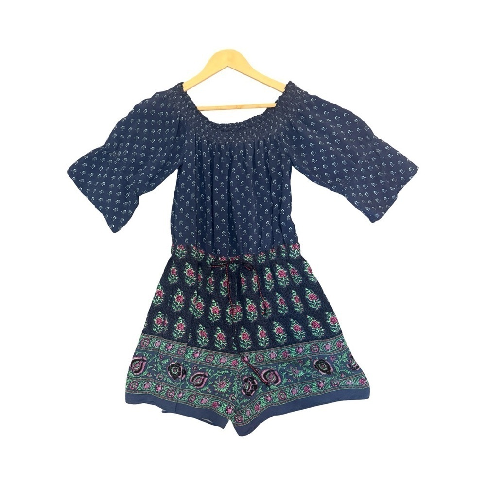 Ett Twa Anthropologie Size medium Romper Blue Paisley Ruffle Boho